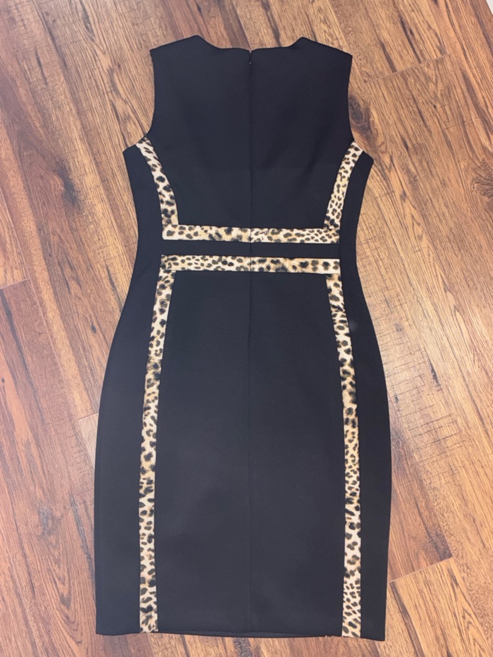 NWT Calvin Klein Black Leopard Scuba style Sheath Dress with Leopard Trim - Picture 7 of 15
